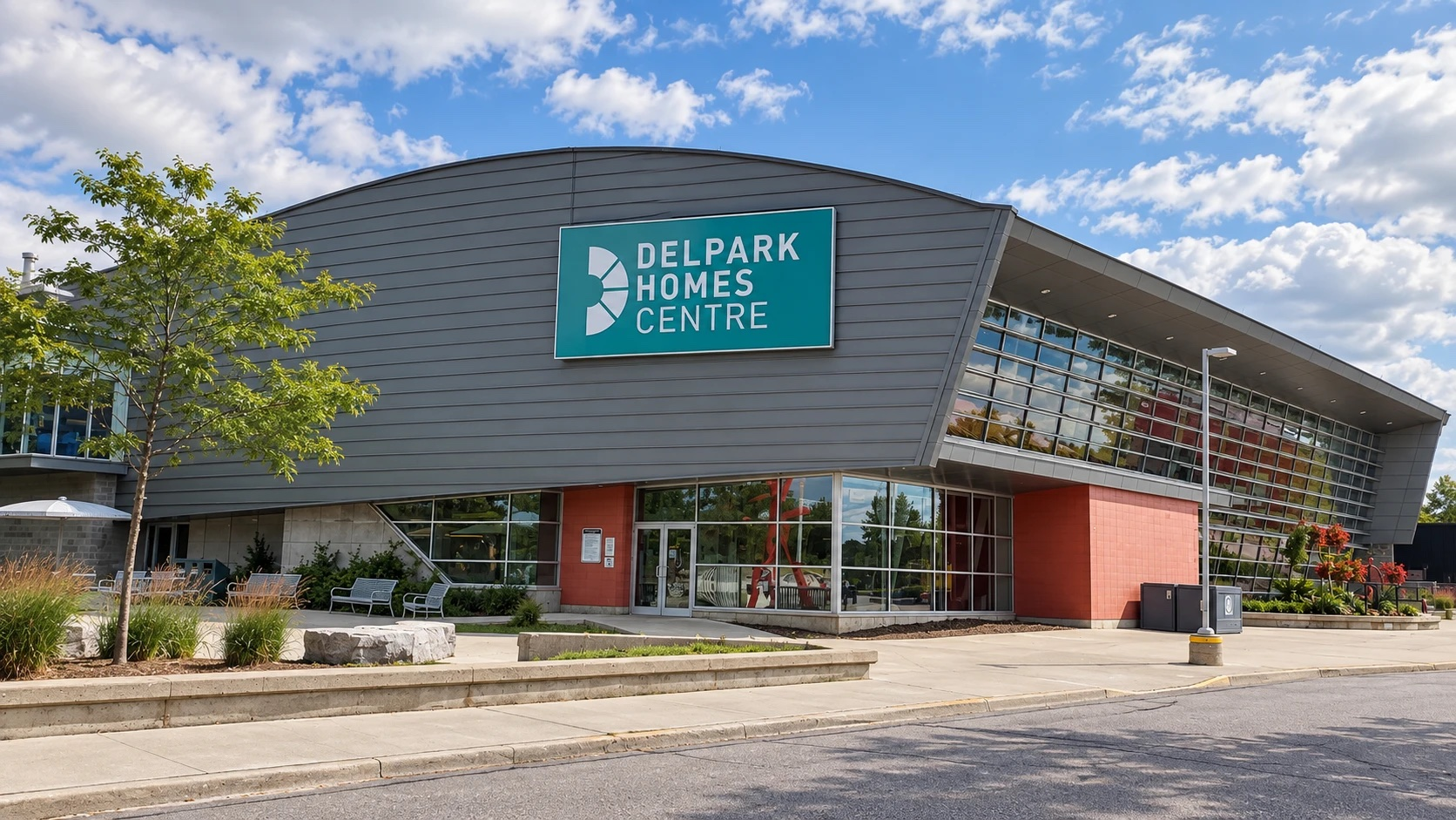 The Delpark Homes Centre on Harmony Road North in Ward 1, Oshawa — a City recreation complex with arenas, a pool, a library branch and a seniors' centre.