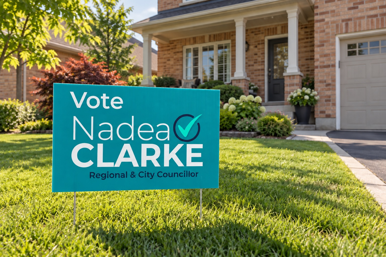 A teal Vote Nadea Clarke, Regional and City Councillor lawn sign on the front lawn of a brick house.