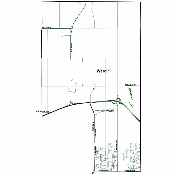 The City of Oshawa's official Ward 1 boundary map. The ward is outlined with main roads labelled, including Raglan Road West, Simcoe Street North, Columbus Road East, Grandview Street North, Winchester Road, Ritson Road North, Thornton Road North and Taunton Road East.