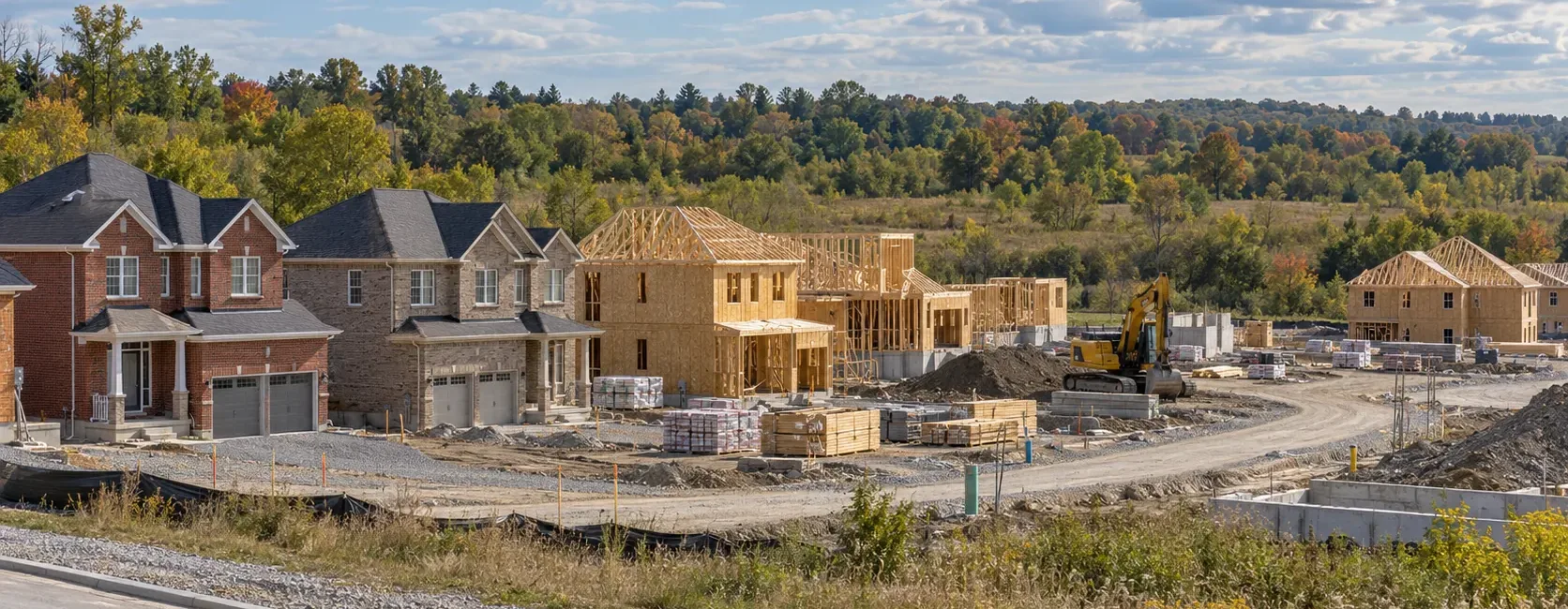New homes under construction beside completed houses at the edge of a growing Oshawa subdivision — framing, foundations, servicing and finished brick homes on the same street.